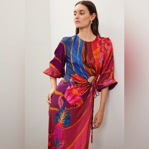 FARM Rio Bold Floral Colorblock Midi Dress in Magenta, Blue & Orange